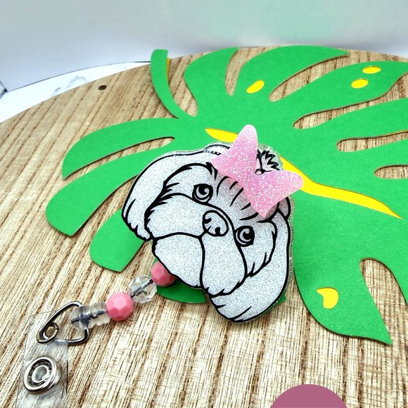 Cute White Shih Tzu Glitter Badge Reel with Pink Bow-Badge Reel With Beads - Picture 7 of 7